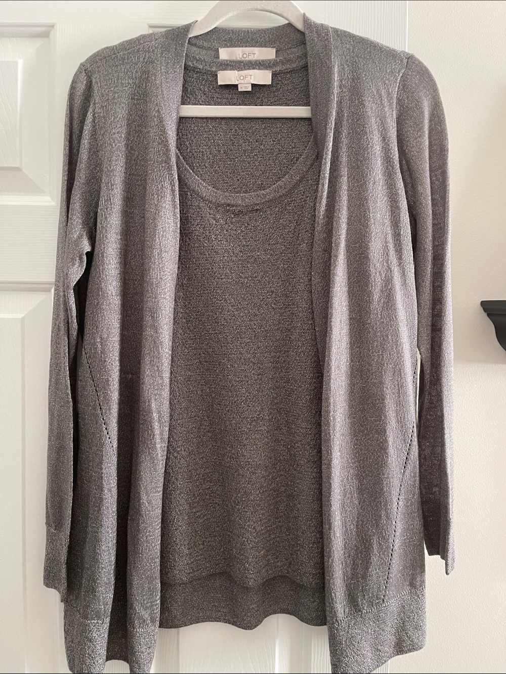 LOFT Gray Open-Front Cardigan with Scoop-Neck Sweater Set